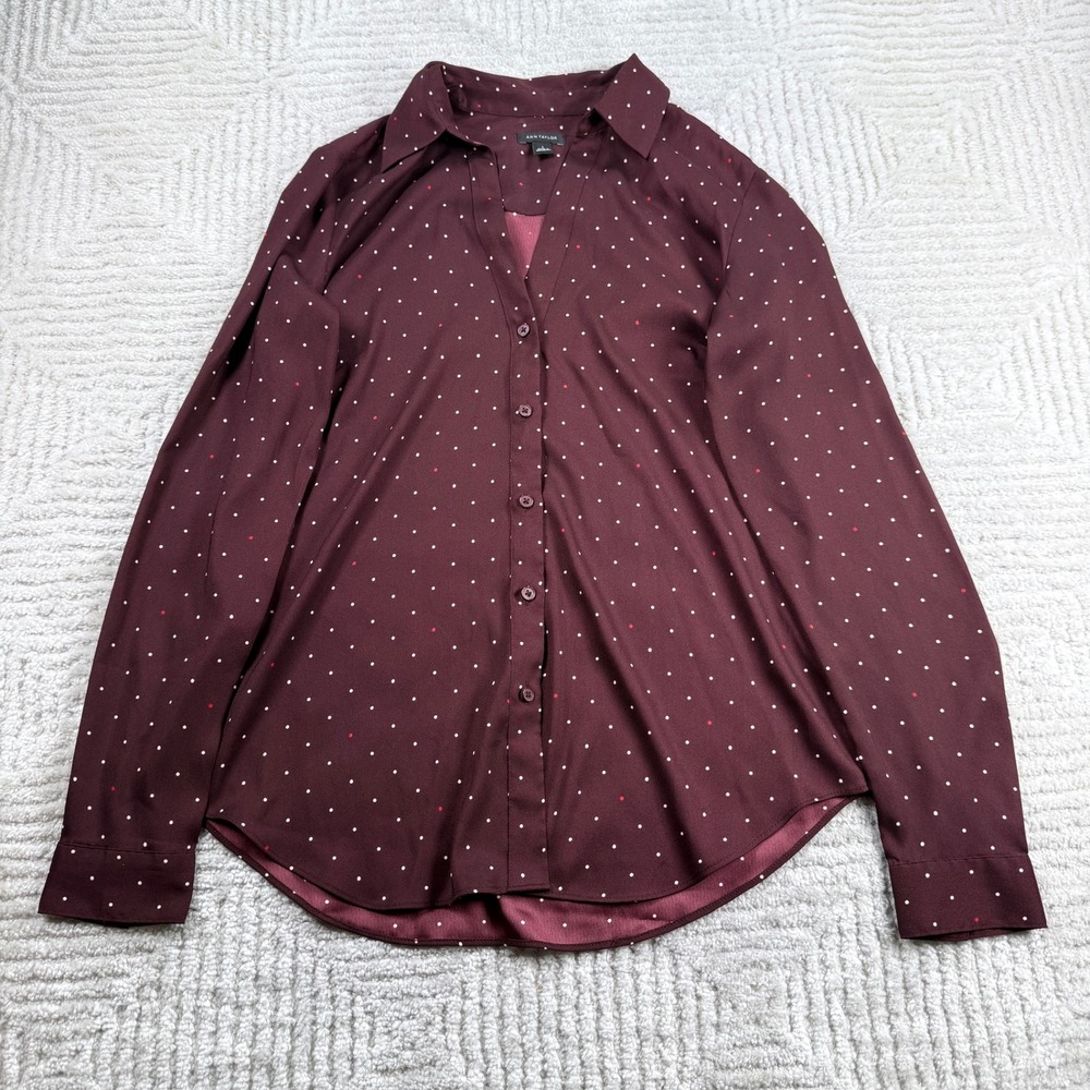 Ann Taylor Button Blouse Women's Small Burgundy Polka Dot Career Office Classic